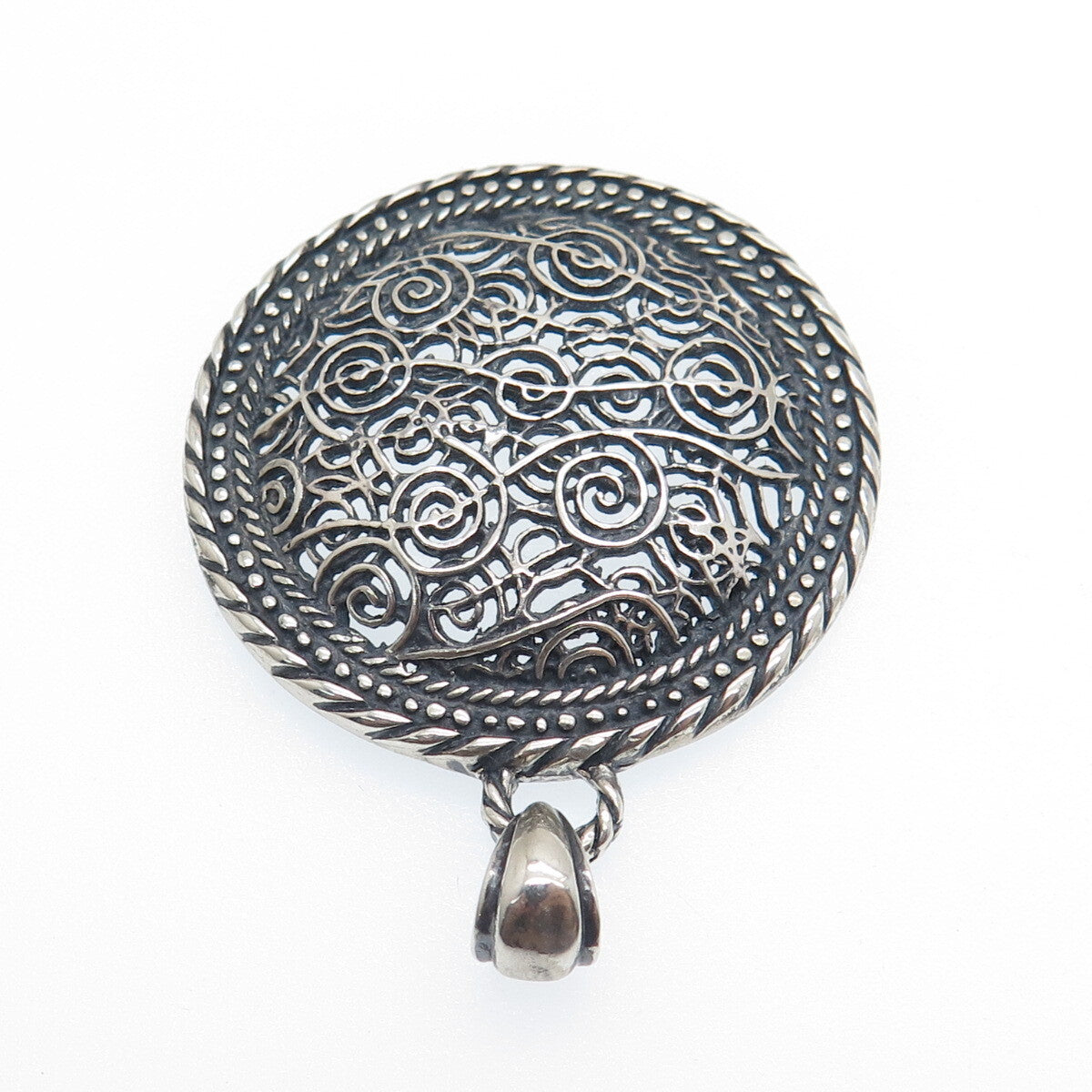 925 Sterling Silver Vintage Spiral Filigree Oxidized Charm Pendant