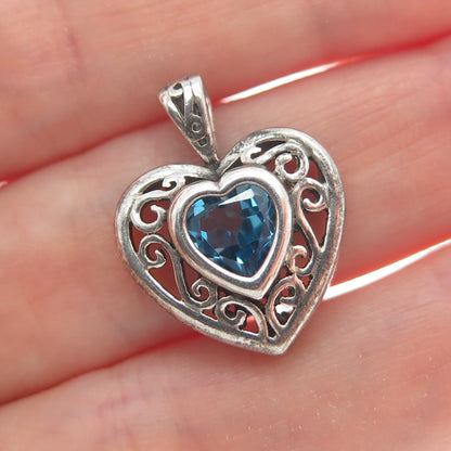 925 Sterling Silver Vintage London Blue Topaz Heart Oxidized Minimalist Pendant