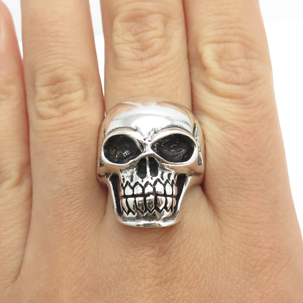 925 Sterling Silver Vintage Skull Biker Ring Size 12