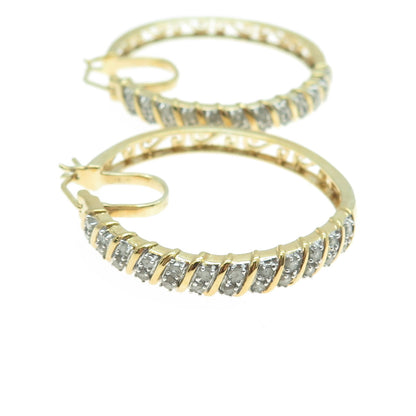 925 Sterling Silver Gold Plated Real Round-Cut Diamond Ornate Hoop Earrings