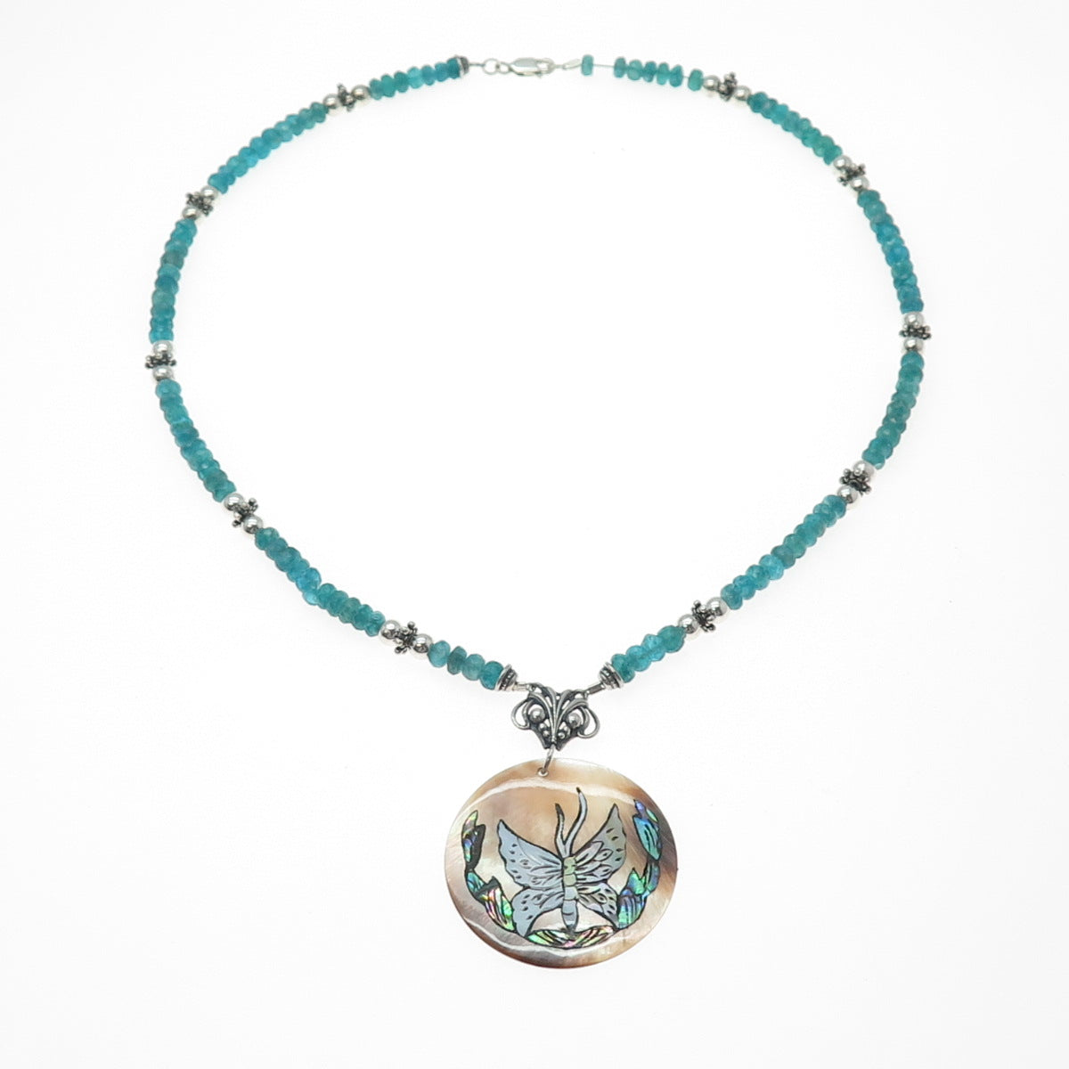 925 Sterling Silver Vintage Abalone Shell & Apatite Butterfly Chain Necklace 18"