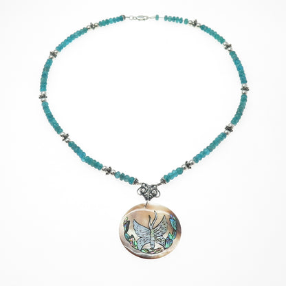 925 Sterling Silver Vintage Abalone Shell & Apatite Butterfly Chain Necklace 18"