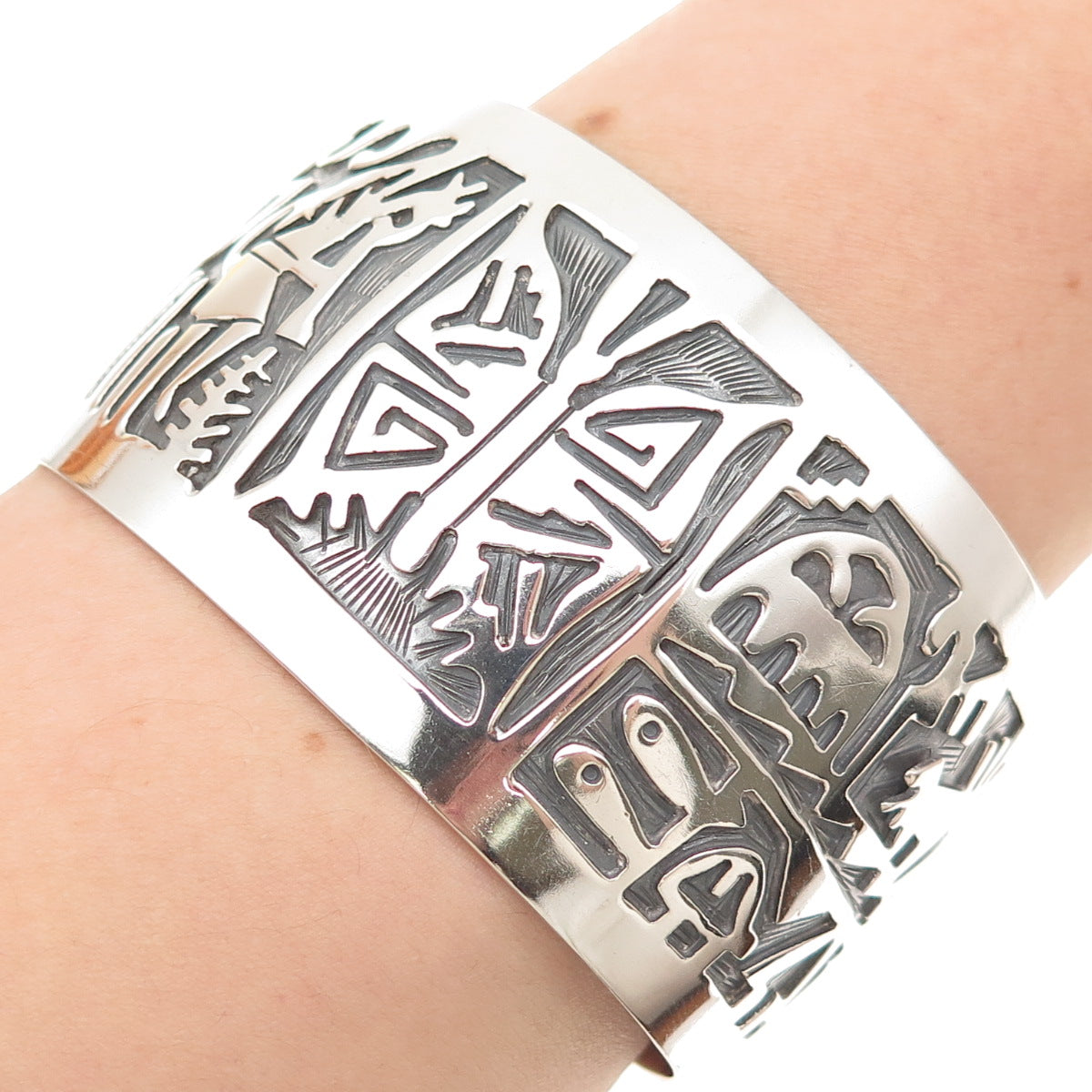 925 Sterling Silver Vintage Southwestern Adjustable Tribal Cuff Bracelet 7.5"