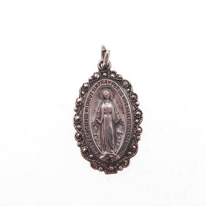 925 Sterling Silver Antique Art Deco Real Marcasite St. Mary Miraculous Pendant