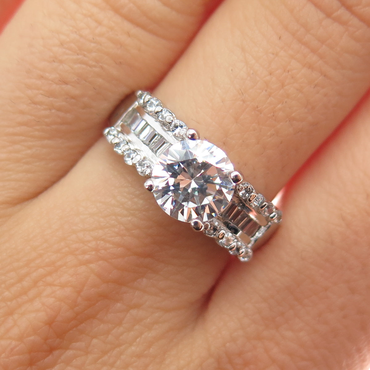 925 Sterling Silver Vintage Round & Emerald-Cut C Z Engagement Ring Size 8