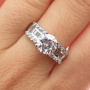 925 Sterling Silver Vintage Round & Emerald-Cut C Z Engagement Ring Size 8