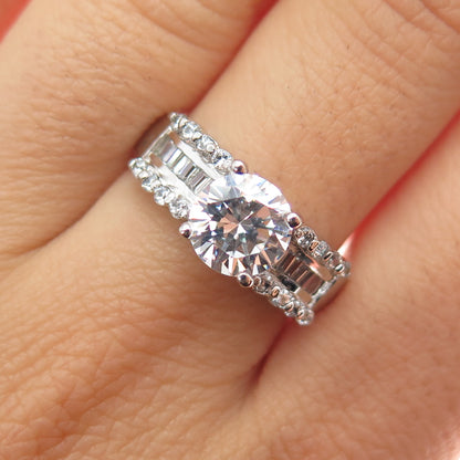 925 Sterling Silver Vintage Round & Emerald-Cut C Z Engagement Ring Size 8