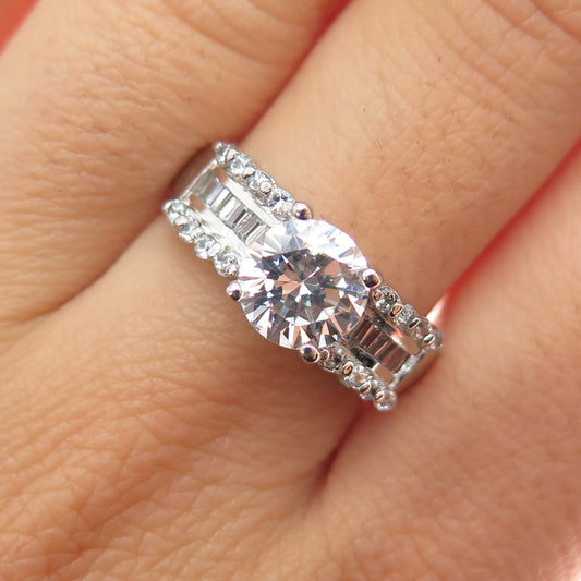 925 Sterling Silver Vintage Round & Emerald-Cut C Z Engagement Ring Size 8
