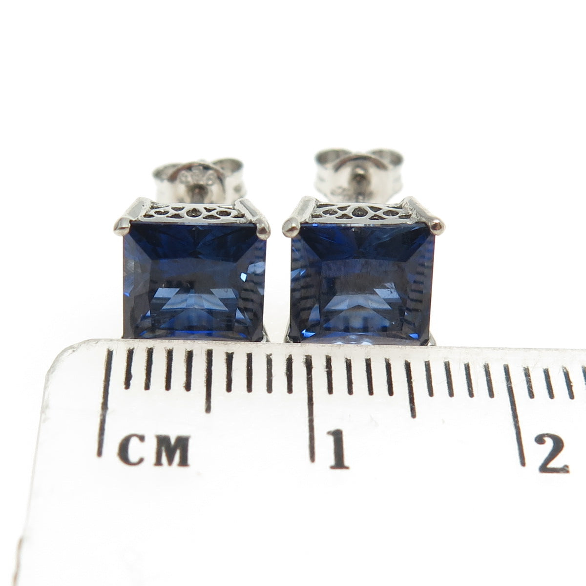 925 Sterling Silver Princess-Cut Blue C Z Stud Earrings