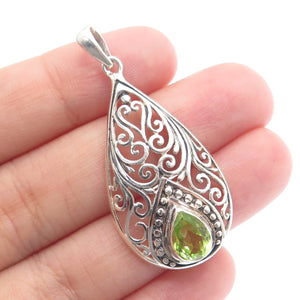 925 Sterling Silver Vintage GDS Real Pear-Cut Peridot Teardrop Ornate Pendant