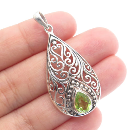 925 Sterling Silver Vintage GDS Real Pear-Cut Peridot Teardrop Ornate Pendant