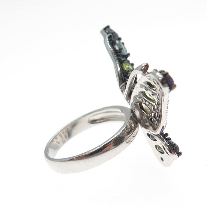 925 Sterling Silver Black Rhodium Real Multi-Color Gem Butterfly Ring Size 6.25