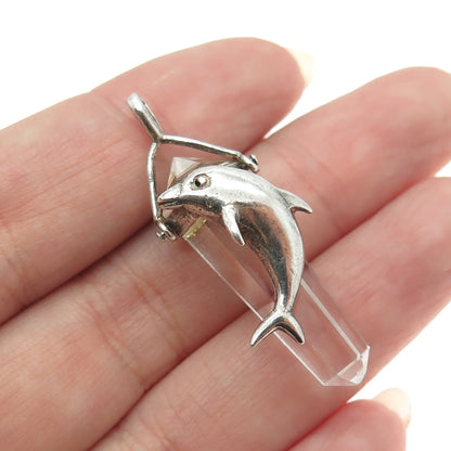 925 Sterling Silver Vintage Clear Quartz Dolphin Amulet Pendant