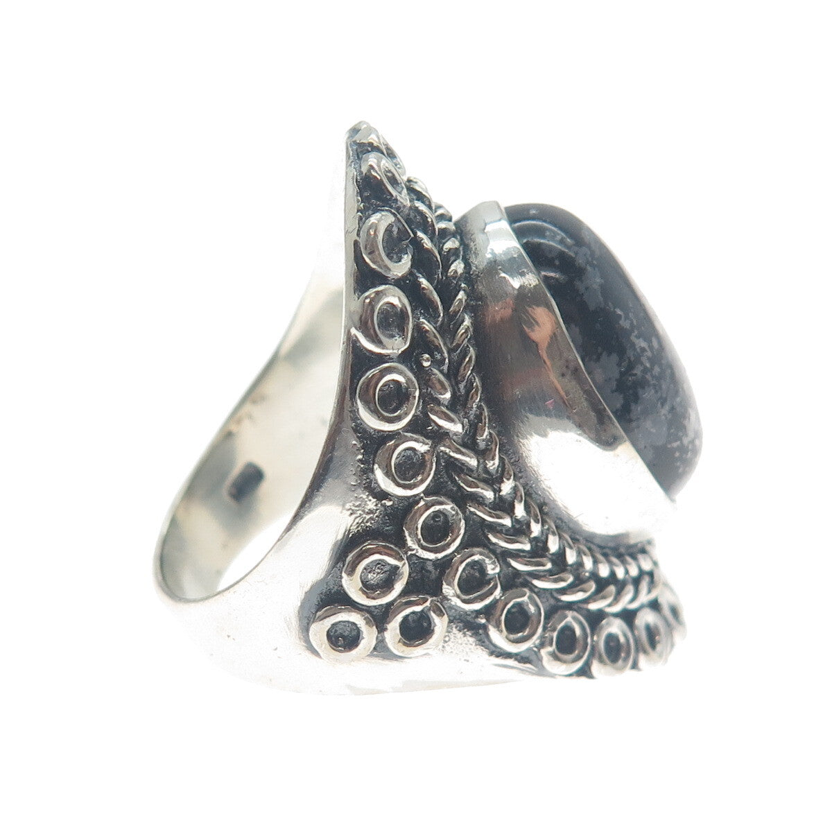 925 Sterling Silver Vintage Snowflake Obsidian Circle Link Oxidized Ring Size 9