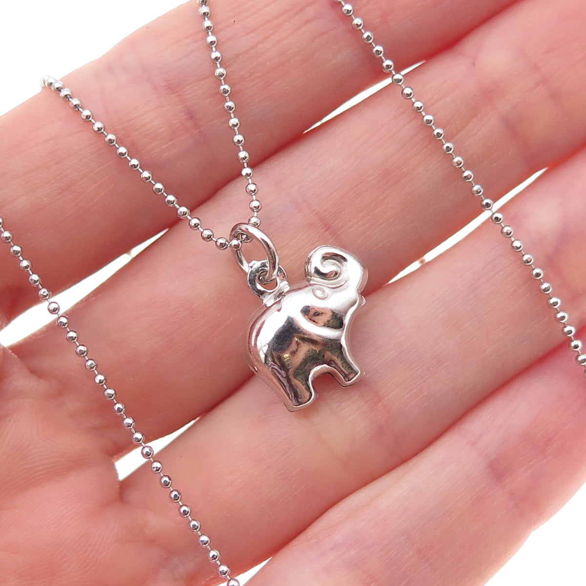 925 Sterling Silver Elephant Ball Beaded Chain Necklace 16"