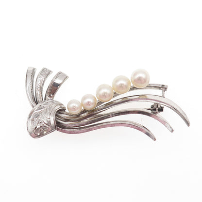 925 Sterling Silver Antique Art Deco Real Pearl Floral Pin Brooch