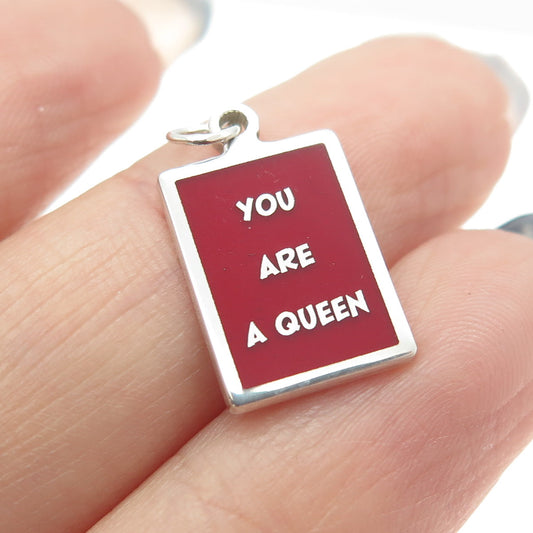 925 Sterling Silver Red Enamel "You Are A Queen" Minimalist Charm Pendant