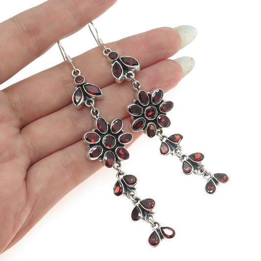 925 Sterling Silver Vintage Real Multi-Cut Red Garnet Floral Dangling Earrings