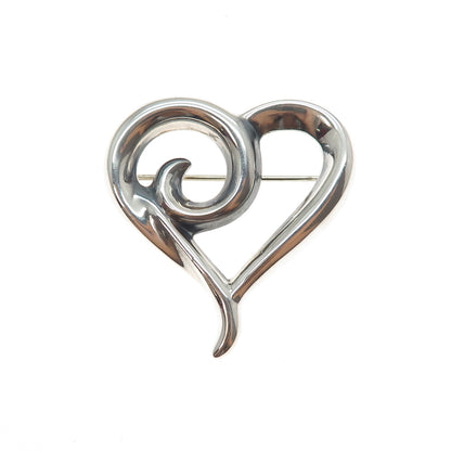 925 Sterling Silver Vintage Modernist Heart Oxidized Pin Brooch