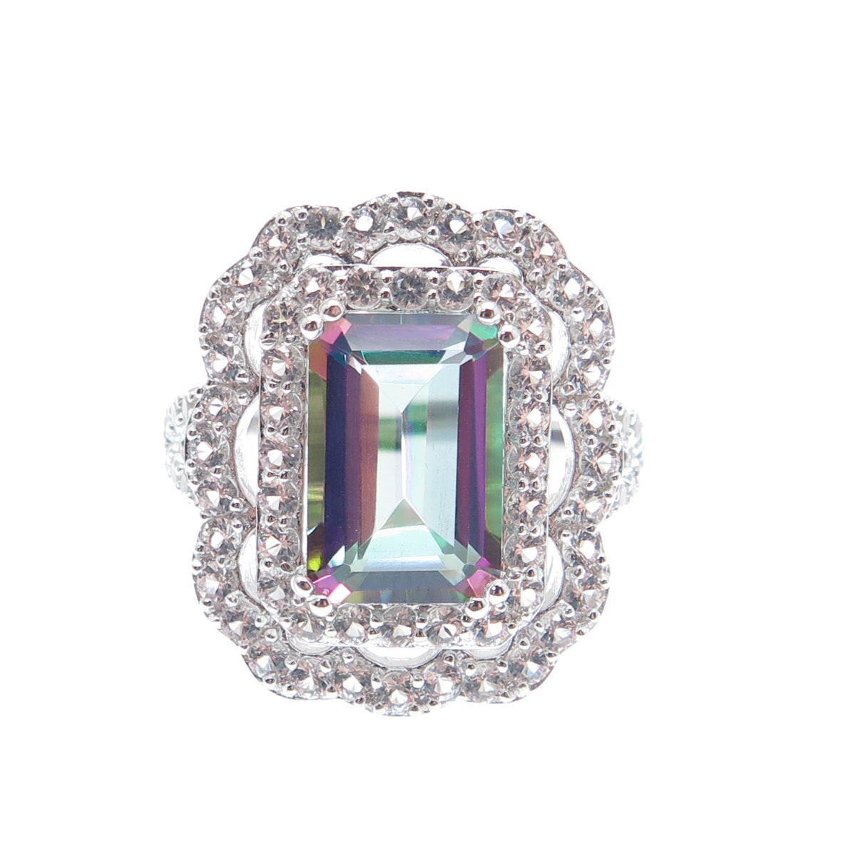 DSMK 925 Sterling Silver Real Mystic Topaz Gem & C Z Sparkle Ring Size 7.25