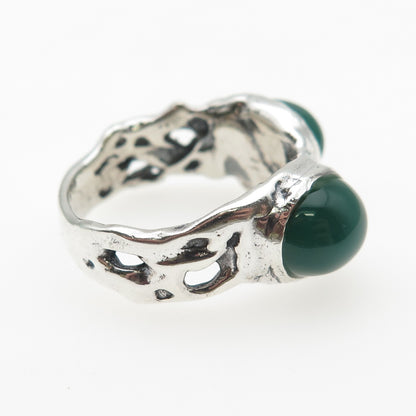 925 Sterling Silver Vintage Real Green Onyx Modernist Oxidized Ring Size 8.5