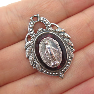 925 Sterling Silver Antique Art Deco Bohemian Glass St. Mary Charm Pendant