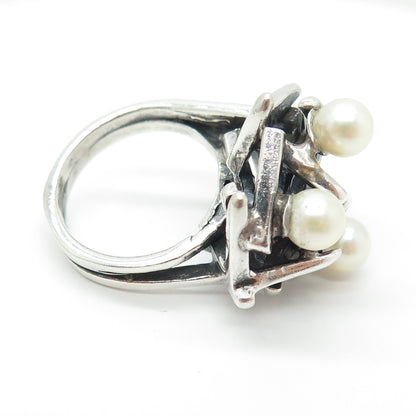 925 Sterling Silver Vintage Israel Real Pearl Modernist Ring Size 6.25