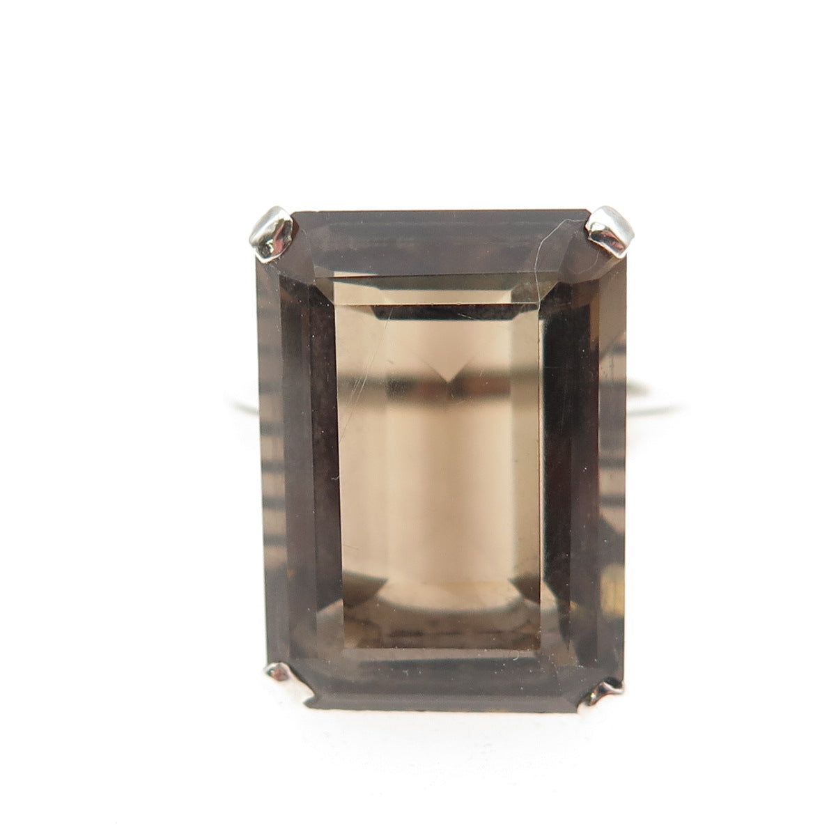925 Sterling Silver Vintage Real Emerald-Cut Smoky Quartz Ring Size 6