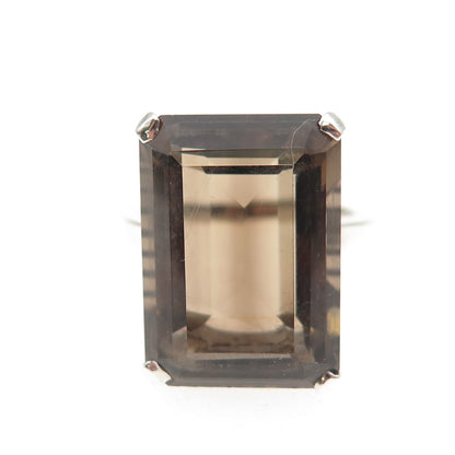 925 Sterling Silver Vintage Real Emerald-Cut Smoky Quartz Ring Size 6