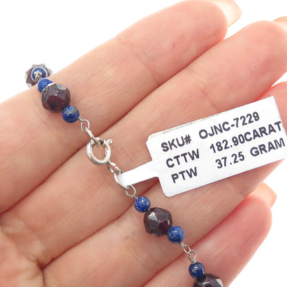 925 Sterling Silver Vintage Real Red Garnet & Lapis Beaded Chain Necklace 16"