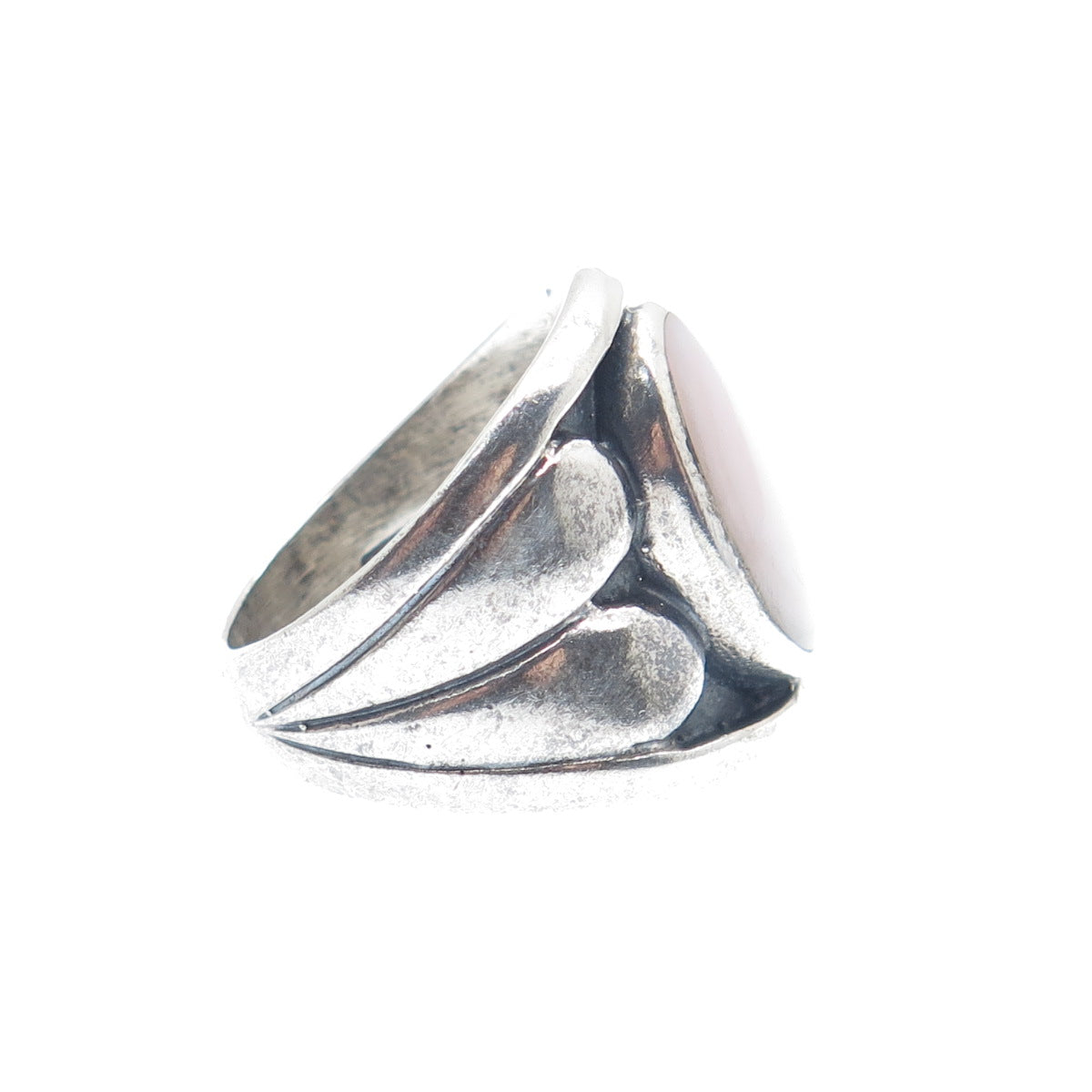 925 Sterling Silver Vintage Real MOP Modernist Heart Oxidized Ring Size 7.5