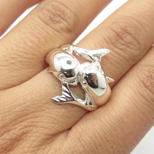 925 Sterling Silver Vintage Shiny 2 Playing Dolphins Cocktail Ring Size 9.25