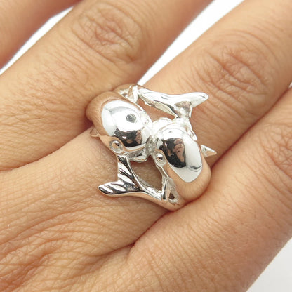 925 Sterling Silver Vintage Shiny 2 Playing Dolphins Cocktail Ring Size 9.25