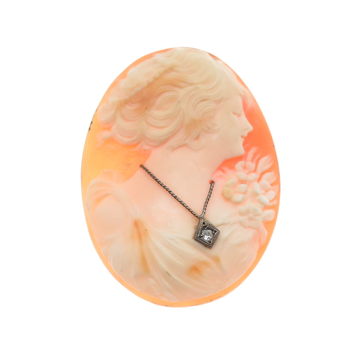 800 Silver Antique Real Round-Cut Diamond & MOP Victorian Lady Cameo