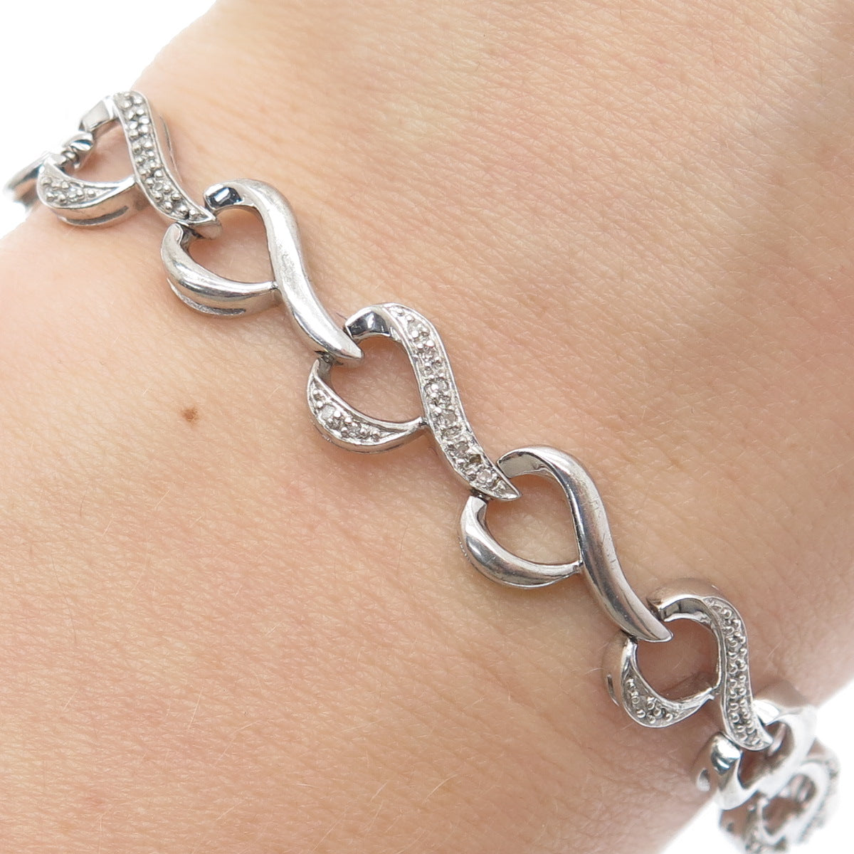 SUN 925 Sterling Silver Real Round-Cut Diamond Heart Link Bracelet 7"