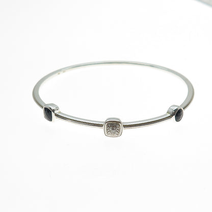 Sun Jewels 925 Sterling Silver Real Diamond & Black Spinel Bangle Bracelet 7.5"