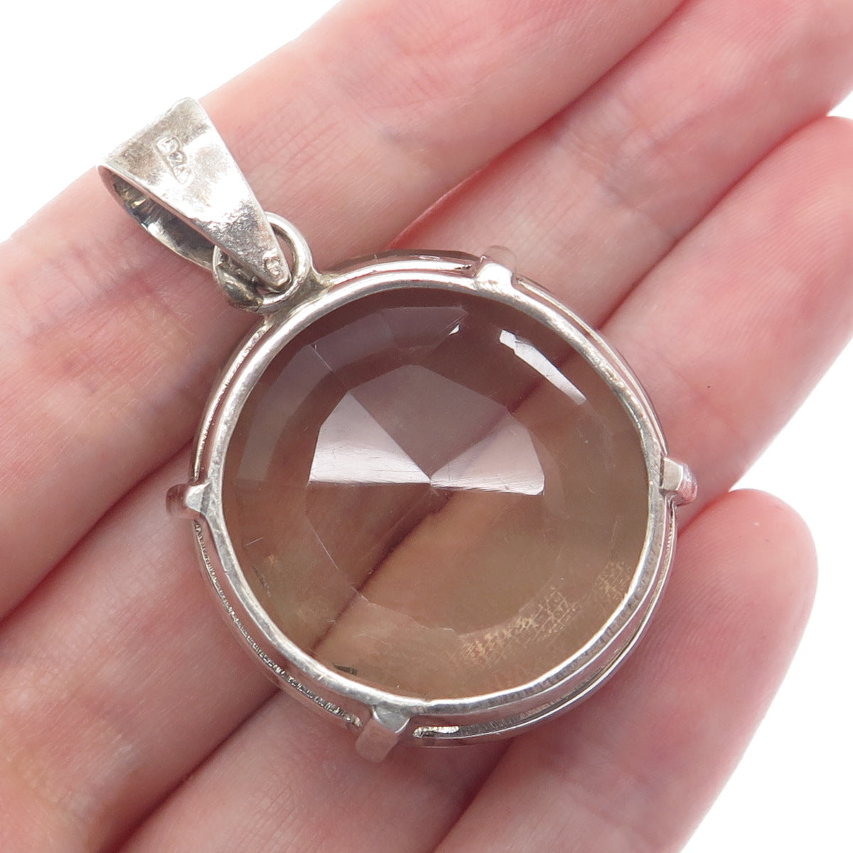 925 Sterling Silver Vintage Real Round-Cut Smoky Quartz Pendant