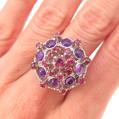 925 Sterling Silver Antique Art Deco Real Ruby & Amethyst Ring Size 7.25