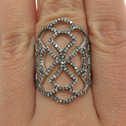 925 Sterling Silver Real Round-Cut Diamond Cross Ornate Ring Size 7