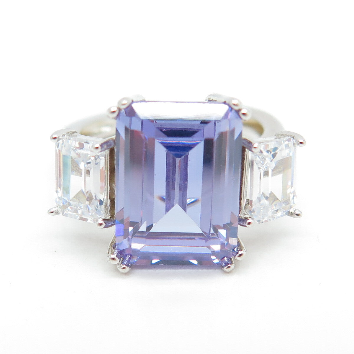 925 Sterling Silver Emerald-Cut Purple & White C Z Ring Size 7.25