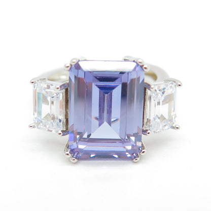 925 Sterling Silver Emerald-Cut Purple & White C Z Ring Size 7.25