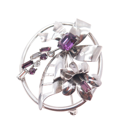 CARL ART 925 Sterling Silver Antique Purple & White Rhinestone Bow Pin Brooch