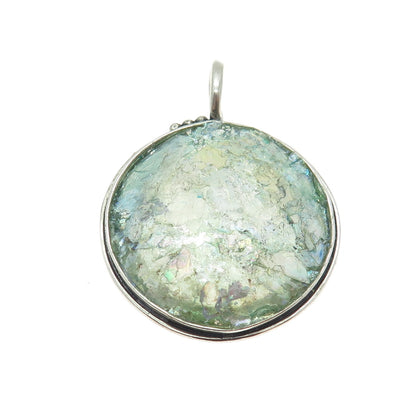 925 Sterling Silver Vintage Roman Glass Modernist Round Pendant