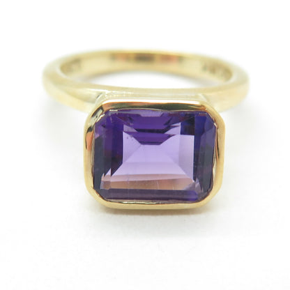 DSMK 925 Sterling Silver Gold Plated Real Emerald-Cut Amethyst Ring Size 6.75