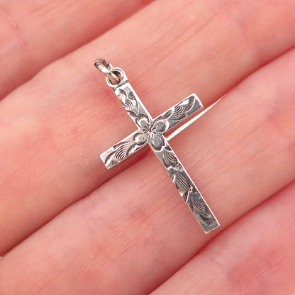 Carl Art Sterling Silver Antique Art Deco Engraved Floral Cross Charm Pendant