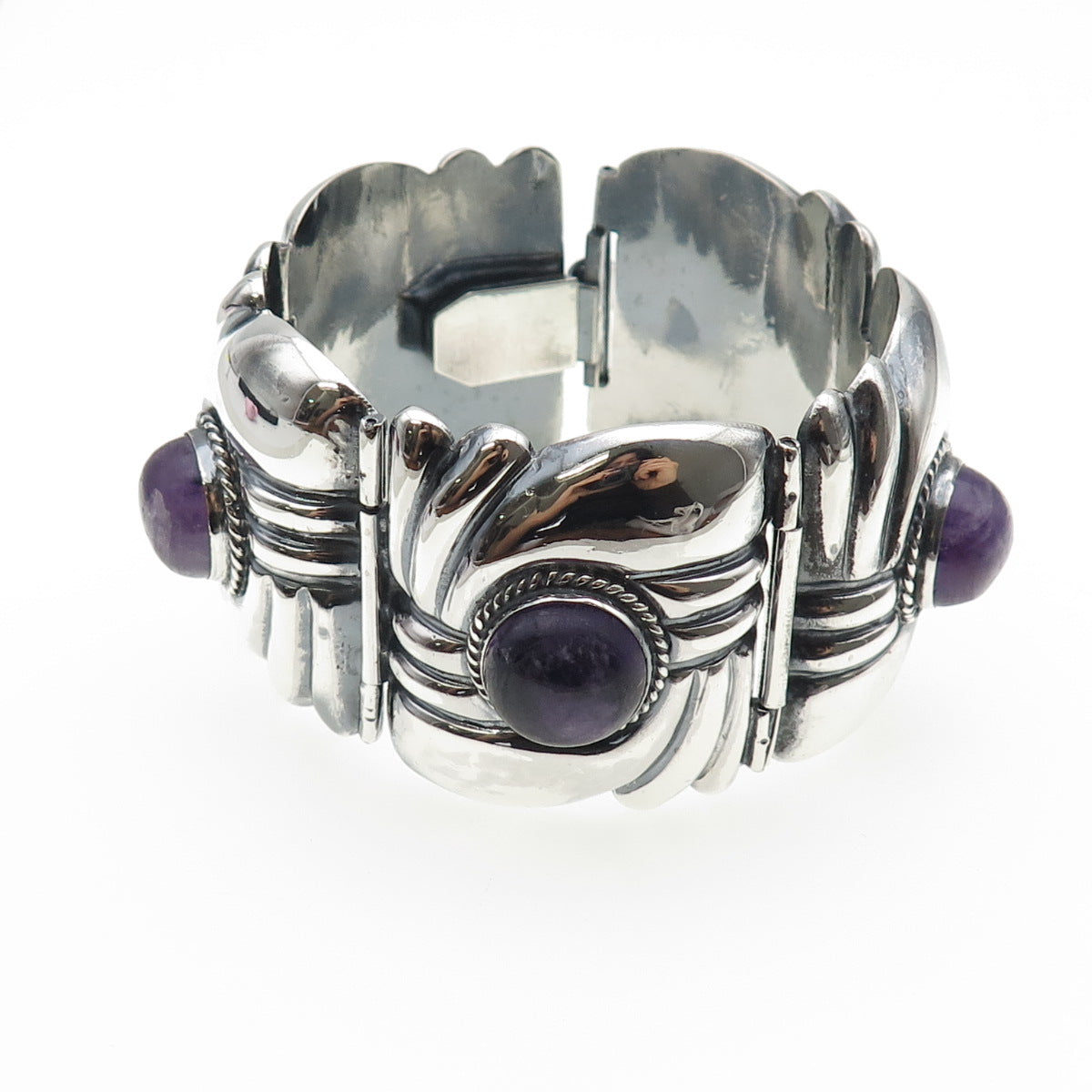 925 Sterling Silver Vintage Real Amethyst Modernist Heavy 106.3g Bracelet 7.5"