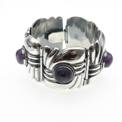 925 Sterling Silver Vintage Real Amethyst Modernist Heavy 106.3g Bracelet 7.5"