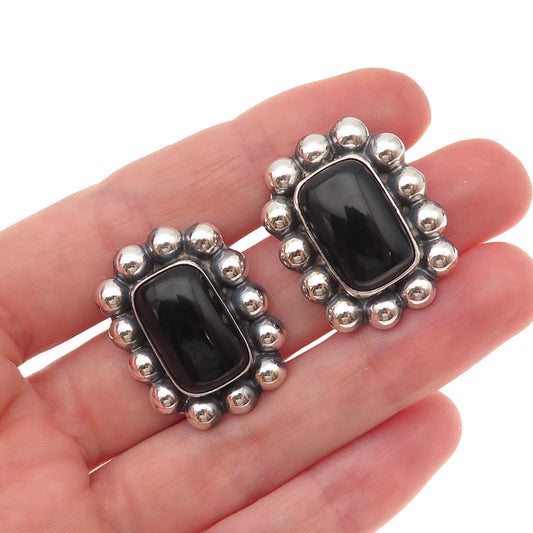 925 Sterling Silver Vintage Mexico Real Black Onyx Oxidized Beaded Earrings