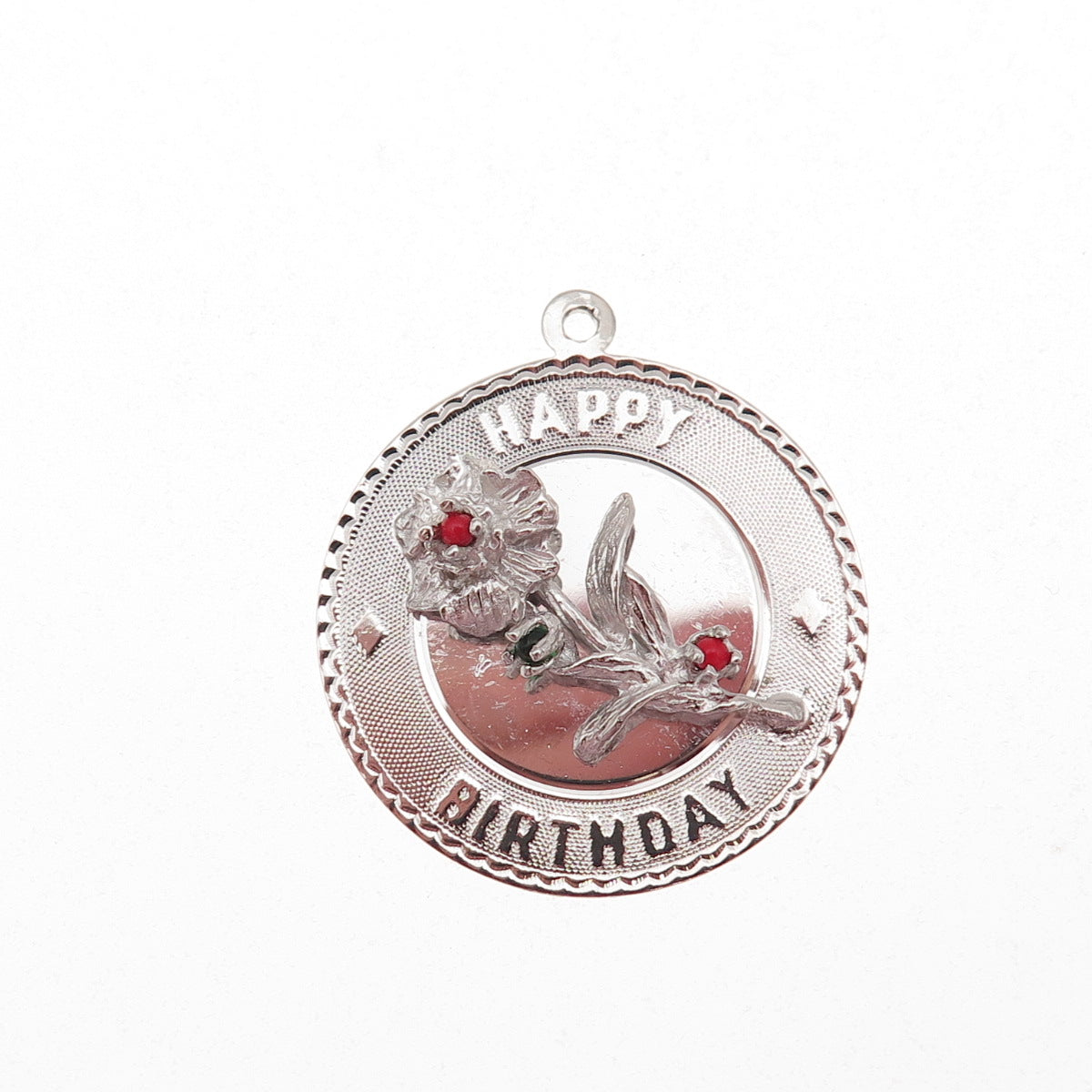 Elco 925 Sterling Silver Vintage Rhinestone Happy Birthday Flower Charm Pendant