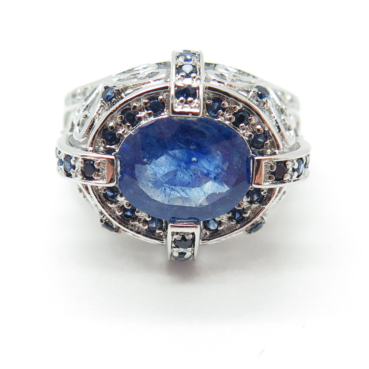 DSMK 925 Sterling Silver Sapphire & White Topaz Gem Ornate Dome Ring Size 7.25